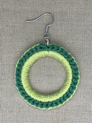 Bohemian woven hoop earrings in beige and soft green – handmade