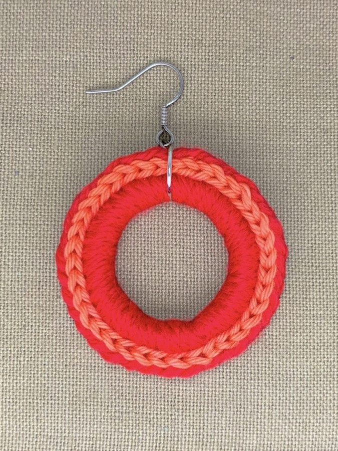 Bohemian woven hoop earrings in beige and soft green – handmade