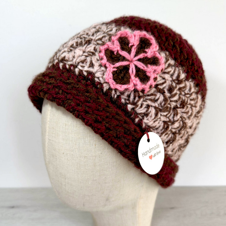 Burgundy beanie for women - Crochet flower