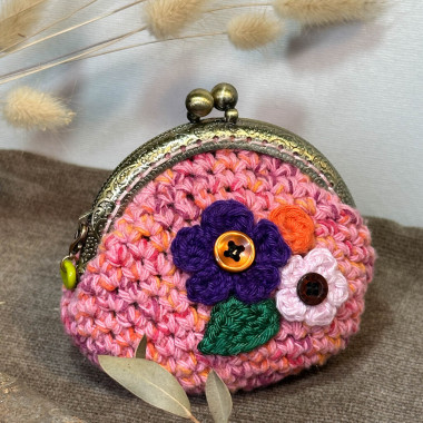 Porte-monnaie rose avec fleurs - Fermoir clic clac vintage laiton