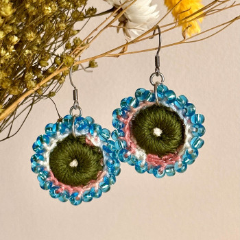 Dew Flower Earrings – handmade crochet, glass beads, luminous bohemian jewelry