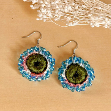 Dew Flower Earrings – handmade crochet, glass beads, luminous bohemian jewelry