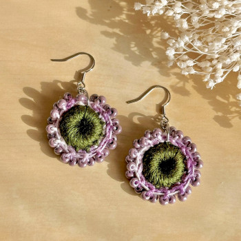 Dew Flower Earrings – handmade crochet, glass beads, luminous bohemian jewelry