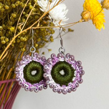 Dew Flower Earrings – handmade crochet, glass beads, luminous bohemian jewelry