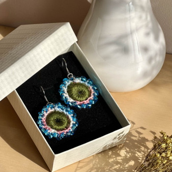 Dew Flower Earrings – handmade crochet, glass beads, luminous bohemian jewelry